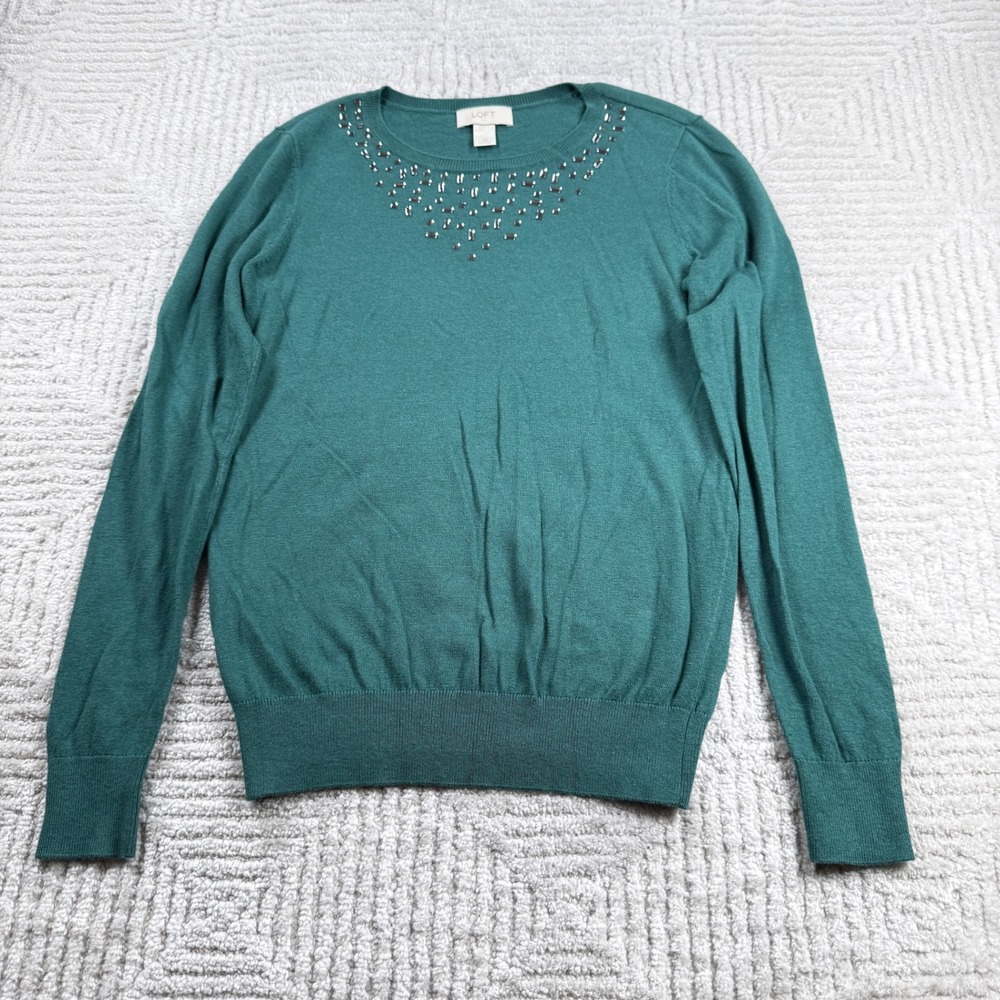 Loft Ann Taylor Sweater Women's XS Teal Green Embellished Stud Jewel Tone Party